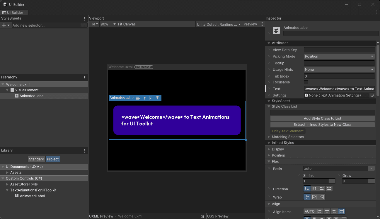 UI Builder with an AnimatedLabel element.